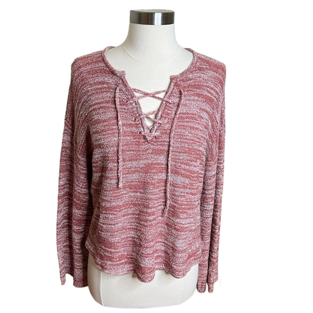 3/$30 Billabong Sweater Womens Medium Red Tidal Vibes Baja Lace Up Knit